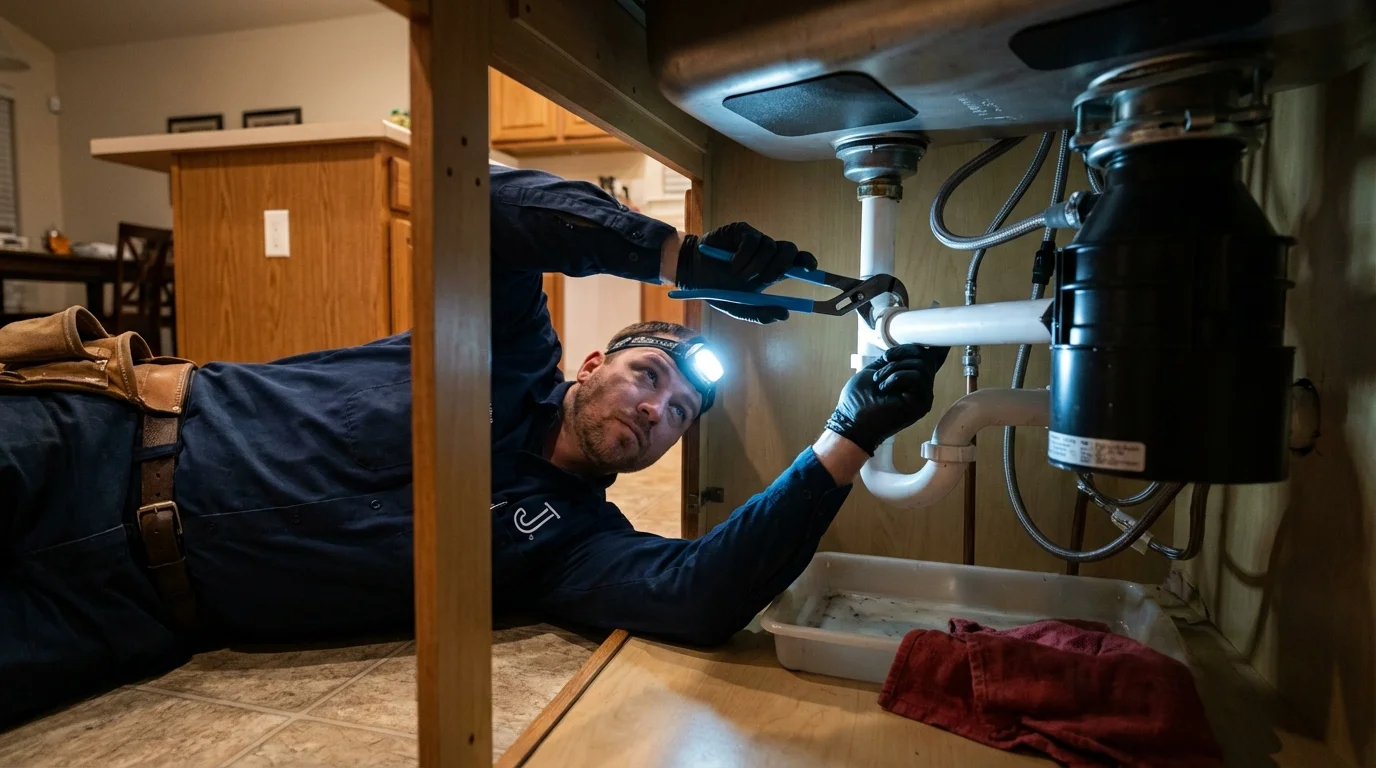 P-trap and supply line connections under a kitchen sink showing a common leak point in Heppner, OR